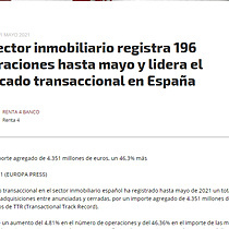 El sector inmobiliario registra 196 operaciones hasta mayo y lidera el mercado transaccional en Espaa